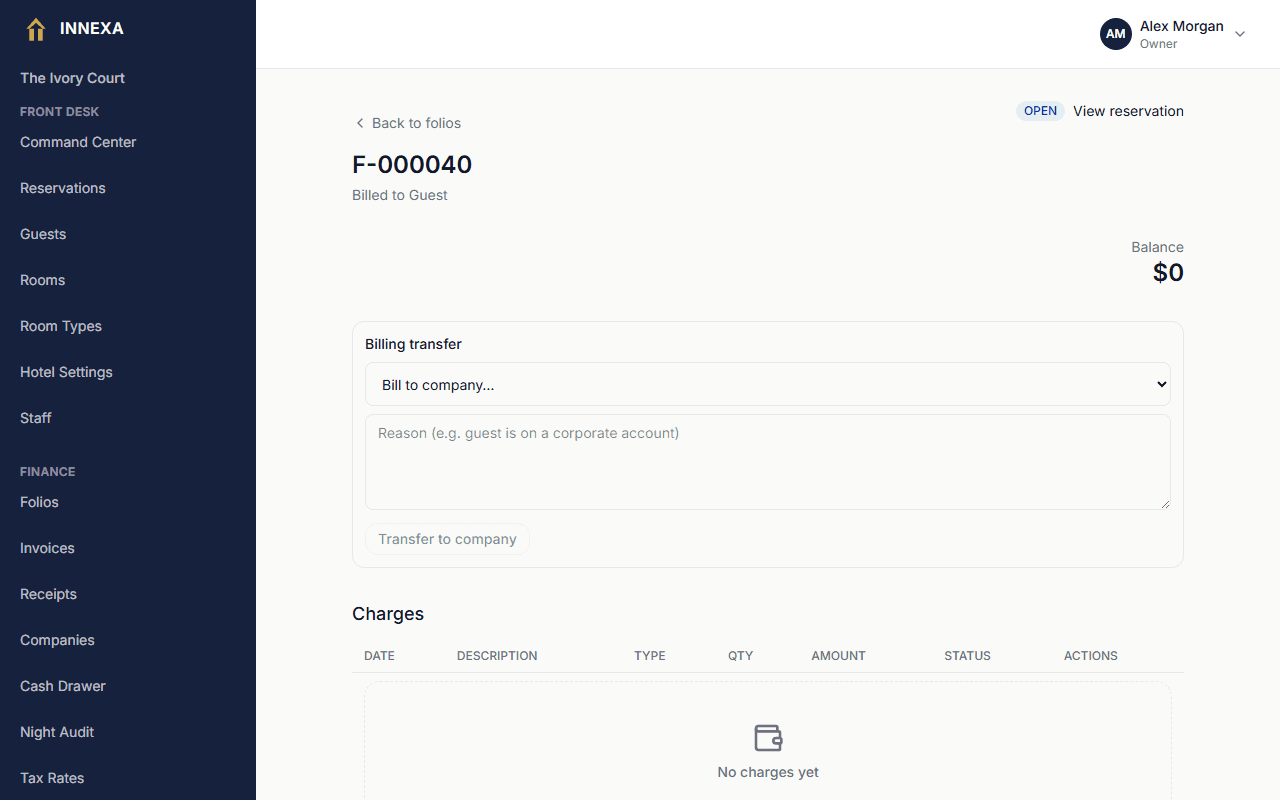 Innexa folio detail page showing charges, payments, and running balance for a guest stay